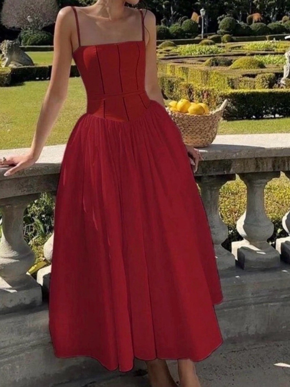 Commense Red Midi Dress with Corset Bodice